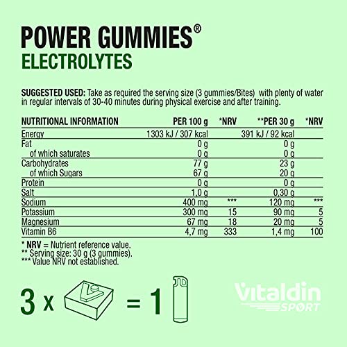 VITALDIN SPORT Power Gummies Electrolytes – Reposición de electrolitos – 120 mg Sodio, 90 mg Potasio, 20 mg Magnesio por serving + Vitamina B6 – Doypack de 30 Bites de gominola – Sabor lima – Vegano