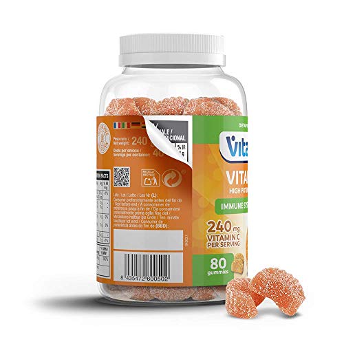 VITALDIN Vitamina C Gummies - 240 mg por dosis diaria - 80 gominolas (suministro para 40 días), sabor a Naranja - Refuerza el Sistema Inmunitario - Sin Gluten - Apto para Niños & Adultos