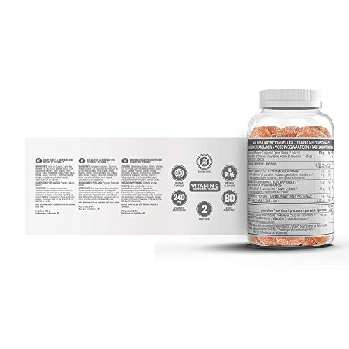 VITALDIN Vitamina C Gummies - 240 mg por dosis diaria - 80 gominolas (suministro para 40 días), sabor a Naranja - Refuerza el Sistema Inmunitario - Sin Gluten - Apto para Niños & Adultos