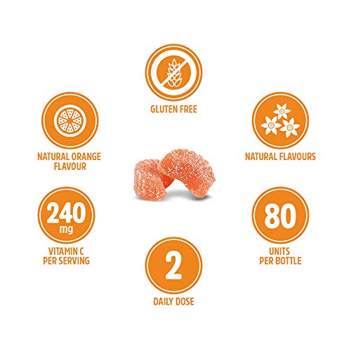 VITALDIN Vitamina C Gummies - 240 mg por dosis diaria - 80 gominolas (suministro para 40 días), sabor a Naranja - Refuerza el Sistema Inmunitario - Sin Gluten - Apto para Niños & Adultos