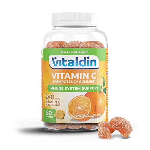 VITALDIN Vitamina C Gummies - 240 mg por dosis diaria - 80 gominolas (suministro para 40 días), sabor a Naranja - Refuerza el Sistema Inmunitario - Sin Gluten - Apto para Niños & Adultos