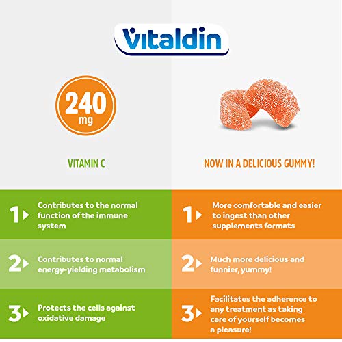 VITALDIN Vitamina C Gummies - 240 mg por dosis diaria - 80 gominolas (suministro para 40 días), sabor a Naranja - Refuerza el Sistema Inmunitario - Sin Gluten - Apto para Niños & Adultos