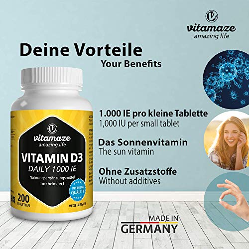 Vitamaze® Vitamina D3 1000 UI de Alta Dosis, 200 Tabletas Vegetarianas para Suministro Continuo, 25 mcg de Colecalciferol Puro, Vitamin D Pastillas para Mujer y Hombre, sin Aditivos Innecesarios