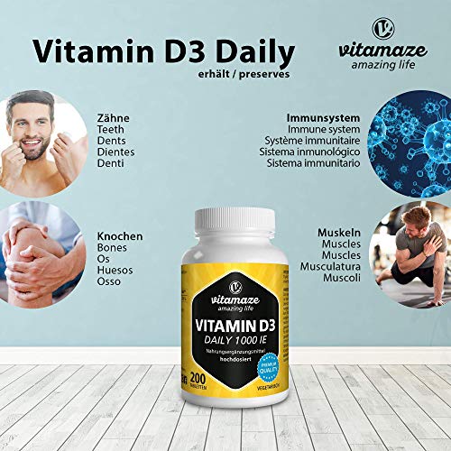 Vitamaze® Vitamina D3 1000 UI de Alta Dosis, 200 Tabletas Vegetarianas para Suministro Continuo, 25 mcg de Colecalciferol Puro, Vitamin D Pastillas para Mujer y Hombre, sin Aditivos Innecesarios