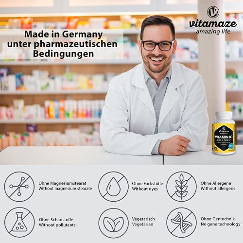 Vitamaze® Vitamina D3 1000 UI de Alta Dosis, 200 Tabletas Vegetarianas para Suministro Continuo, 25 mcg de Colecalciferol Puro, Vitamin D Pastillas para Mujer y Hombre, sin Aditivos Innecesarios