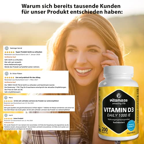 Vitamaze® Vitamina D3 1000 UI de Alta Dosis, 200 Tabletas Vegetarianas para Suministro Continuo, 25 mcg de Colecalciferol Puro, Vitamin D Pastillas para Mujer y Hombre, sin Aditivos Innecesarios