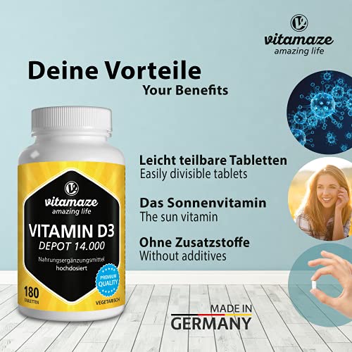 Vitamaze® Vitamina D3 14.000 UI Altamente Concentrada (Dosis de 14 Días), 180 Comprimidos Vegetariano, Vitamin D Pura Suplemento sin Aditivos Innecesarios, Calidad Alemana