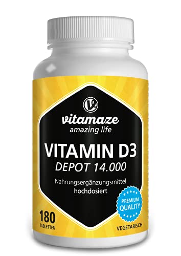 Vitamaze® Vitamina D3 14.000 UI Altamente Concentrada (Dosis de 14 Días), 180 Comprimidos Vegetariano, Vitamin D Pura Suplemento sin Aditivos Innecesarios, Calidad Alemana