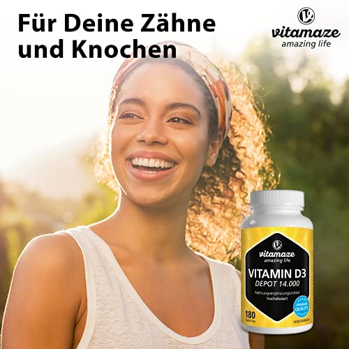 Vitamaze® Vitamina D3 14.000 UI Altamente Concentrada (Dosis de 14 Días), 180 Comprimidos Vegetariano, Vitamin D Pura Suplemento sin Aditivos Innecesarios, Calidad Alemana