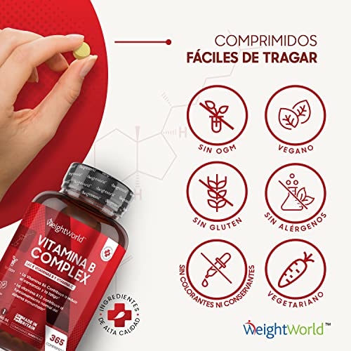 Vitamina B Complex 365 Comprimidos para 1 Año Alta Concentración Vitaminas del Grupo B Vegano - Complejo Vitamínico B con Vitamina C, Biotina, Ácido Fólico B1, B2, B3, B5, B6 y B12 Metilcobalamina