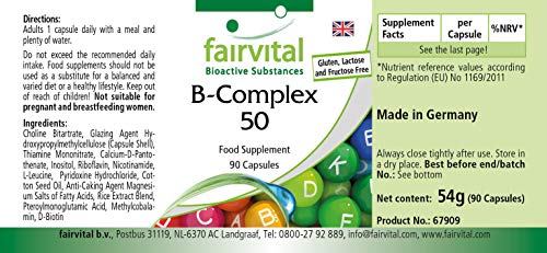 Vitamina B Complex - B-50 - Complejo de vitamina B + Colina e inositol - VEGANO - Dosis elevada - 90 Cápsulas - Calidad Alemana