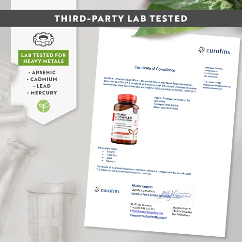 Vitamina B Complex con Vitamina D - 365 Comprimidos Vegetarianos - Complejo Vitaminas B con B1, B2, B3, B5, B6, B12, Biotina y Ácido Fólico - Para Energía y la Concentración - Fabricado por Nutravita