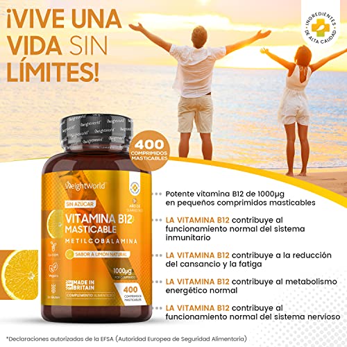 Vitamina B12 Vegana 1000mcg 400 Comprimidos Masticables, Vegano - Sabor Natural a Limón, Más de 1 Año de Suministro, Reduce Cansancio y Fatiga y al Metabolismo Energético Normal, B12 Metilcobalamina