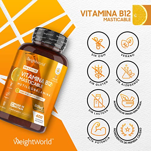 Vitamina B12 Vegana 1000mcg 400 Comprimidos Masticables, Vegano - Sabor Natural a Limón, Más de 1 Año de Suministro, Reduce Cansancio y Fatiga y al Metabolismo Energético Normal, B12 Metilcobalamina
