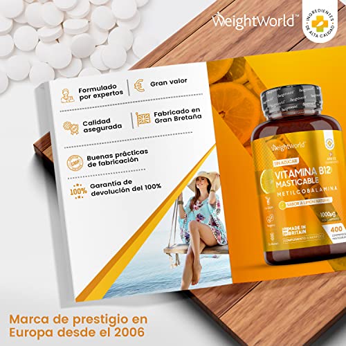 Vitamina B12 Vegana 1000mcg 400 Comprimidos Masticables, Vegano - Sabor Natural a Limón, Más de 1 Año de Suministro, Reduce Cansancio y Fatiga y al Metabolismo Energético Normal, B12 Metilcobalamina