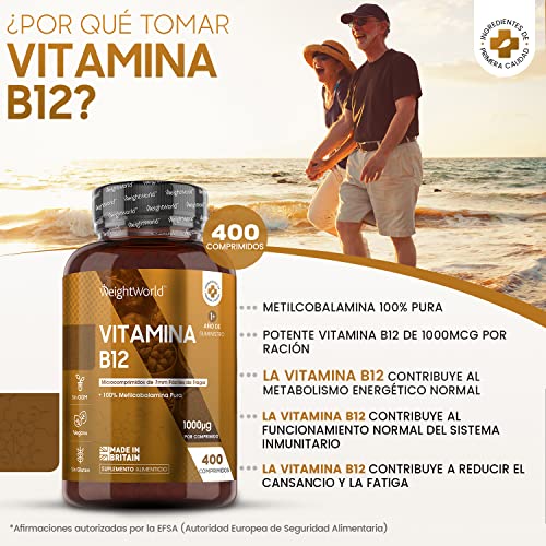 Vitamina B12 Vegana 1000mcg 400 Comprimidos, Vegano - Suministro para más de 1 Año, Reduce Cansancio y Fatiga, Contribuye al Funcionamiento Normal del Sistema Inmunológico, B12 Metilcobalamina