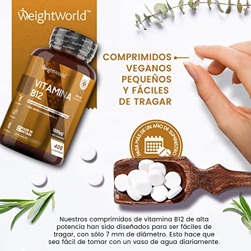 Vitamina B12 Vegana 1000mcg 400 Comprimidos, Vegano - Suministro para más de 1 Año, Reduce Cansancio y Fatiga, Contribuye al Funcionamiento Normal del Sistema Inmunológico, B12 Metilcobalamina