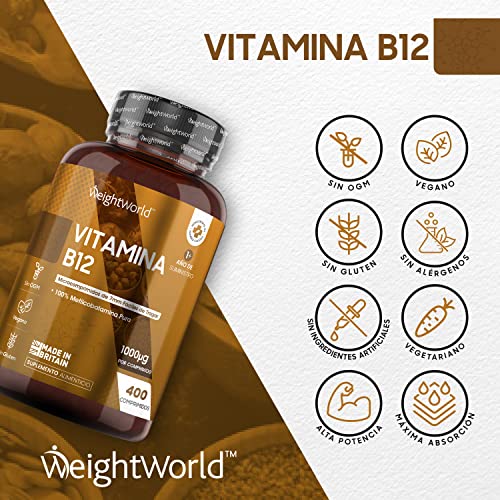 Vitamina B12 Vegana 1000mcg 400 Comprimidos, Vegano - Suministro para más de 1 Año, Reduce Cansancio y Fatiga, Contribuye al Funcionamiento Normal del Sistema Inmunológico, B12 Metilcobalamina