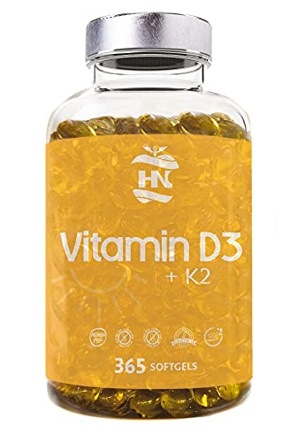 Vitamina D - 365 Cápsulas de vitamina D3 K2 – Vitamina D (5000 UI) altamente concentrada. Favorece la función inmunológica y ósea - 365 cápsulas (3 unidades)