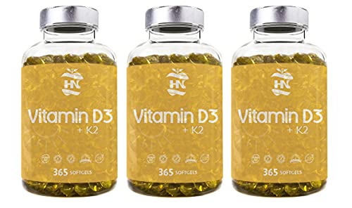 Vitamina D - 365 Cápsulas de vitamina D3 K2 – Vitamina D (5000 UI) altamente concentrada. Favorece la función inmunológica y ósea - 365 cápsulas (3 unidades)