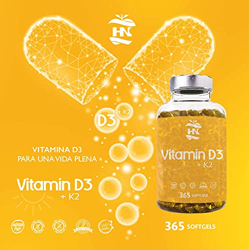 Vitamina D - 365 Cápsulas de vitamina D3 K2 – Vitamina D (5000 UI) altamente concentrada. Favorece la función inmunológica y ósea - 365 cápsulas (3 unidades)