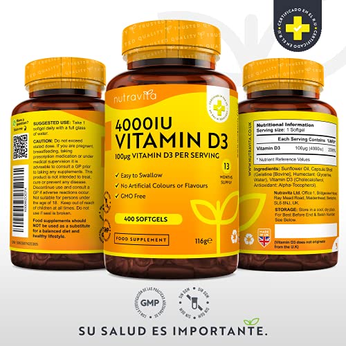 Vitamina D 4000 UI - Fuerza máxima - 400 cápsulas blandas fáciles de tragar - Suministro para más de un año - VIT D3 de alta resistencia - Fabricado en el Reino Unido por Nutravita