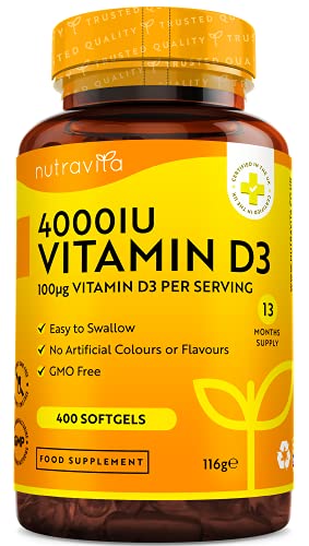 Vitamina D 4000 UI - Fuerza máxima - 400 cápsulas blandas fáciles de tragar - Suministro para más de un año - VIT D3 de alta resistencia - Fabricado en el Reino Unido por Nutravita