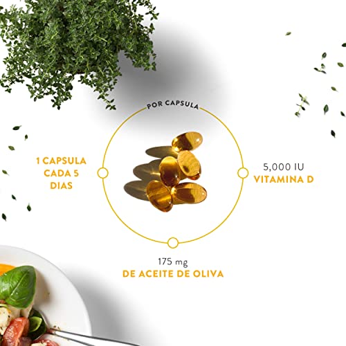 Vitamina D3 Natural [5000 UI] Depot - Altamente Concentrada - con Aceite de Oliva Extra Virgen para una Absorción Óptima - Favorece la Función Ósea e Inmunológica - Complemento Alimenticio - 365 Cáps