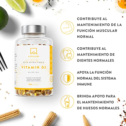 Vitamina D3 Natural [5000 UI] Depot - Altamente Concentrada - con Aceite de Oliva Extra Virgen para una Absorción Óptima - Favorece la Función Ósea e Inmunológica - Complemento Alimenticio - 365 Cáps