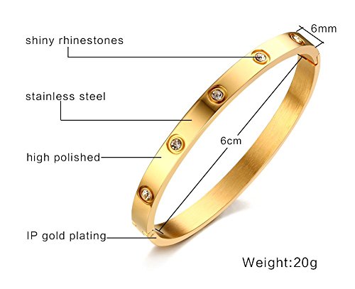 VNOX 6mm Mujer de Acero Inoxidable de Cristal Pulsera de Brazalete Ajustable Brazalete de Oro,60 mm de diámetro