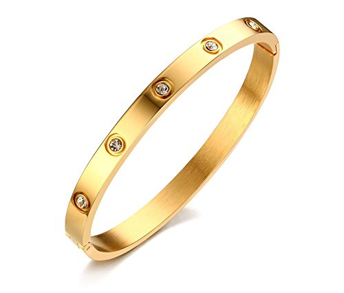 VNOX 6mm Mujer de Acero Inoxidable de Cristal Pulsera de Brazalete Ajustable Brazalete de Oro,60 mm de diámetro