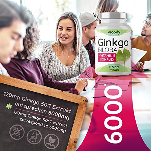 VROODY Extracto de Ginkgo Biloba Vegano 6000 mg, alta dosis - con vitamina B12, ayuda a combatir la fatiga y el cansancio - 365 comprimidos pequeños fáciles de tomar