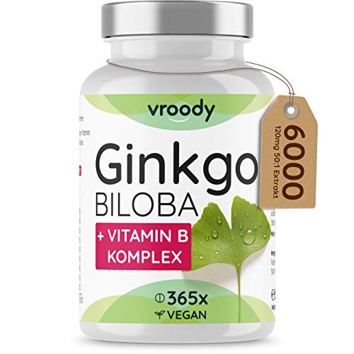 VROODY Extracto de Ginkgo Biloba Vegano 6000 mg, alta dosis - con vitamina B12, ayuda a combatir la fatiga y el cansancio - 365 comprimidos pequeños fáciles de tomar