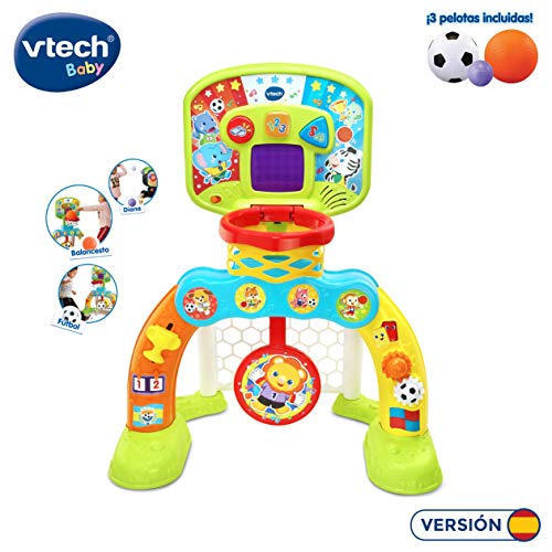 VTech - Centro de deportes Basket-Gol, Portería de fútbol, canasta de baloncesto y diana, disfruta jugando, efectos especiales y respuestas interactivas, incluye tres pelotas, marcador LED (80-533522)