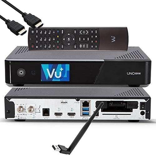 VU + UNO 4K SE - UHD HDR 1x DVB-S2 FBC Sat Twin Tuner E2 Linux Receiver YouTube, Satellite, CI + lector de tarjetas, reproductor multimedia, USB 3.0, cable HDMI EasyMouse y memoria WiFi de 150 Mbit