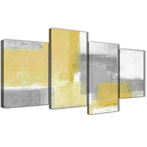 Wallfillers - Cuadros abstractos para dormitorio en tonos amarillo mostaza y gris. Juego de xilografías - 67 x 130 cm