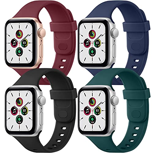 Wanme 4 Pack Correa Compatible con Apple Watch 44mm 42mm 40mm 38mm, Nueva Pulsera de Repuesto de Silicona Suave para iWatch Series SE 6 5 4 3 2 1 (38mm/40mm, Azul Marino/Negro/Vino Rojo/Verde Oscuro)