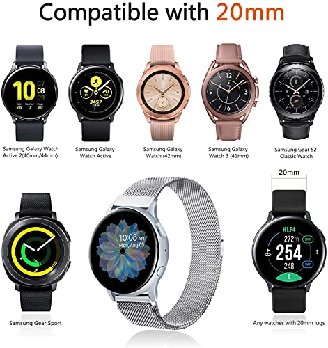 Wanme Correa Compatible con Samsung Galaxy Watch Active/Active 2 40mm 44mm, 20mm Metal Pulsera de Repuesto de Acero Inoxidable para Galaxy Watch 3 41mm / Gear S2 Classic/Gear Sport (Plata)