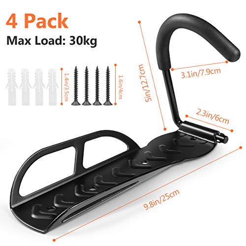 WBYJ 4 Soportes de Pared para Bicicletas, Ganchos para Colgar Bicicleta en la Pared Paquete, Soporta Hasta 30 kg Cada Uno, Soporte Vertical de Pared para Ahorrar Espacio en Garaje con Tornillos, Negro