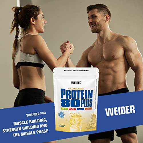 WEIDER Protein 80 Plus Multi-Component Protein Shake Powder, Vainilla Casein & Whey, Low Carb, 500g