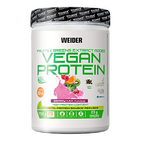 Weider-Vegan Protein- Proteína 100% vegetal de guisantes (PISANE) y arroz. Sin gluten. Sin lactosa. Sin aceite de palma (750 g). Sabor Frutos Rojos