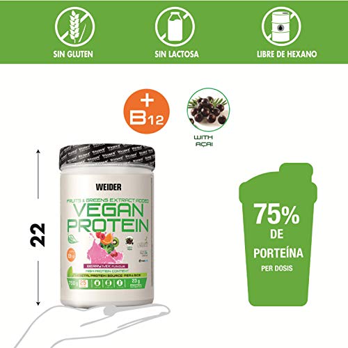 Weider-Vegan Protein- Proteína 100% vegetal de guisantes (PISANE) y arroz. Sin gluten. Sin lactosa. Sin aceite de palma (750 g). Sabor Frutos Rojos