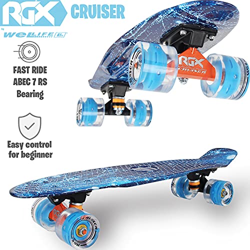 WeLLIFE Monopatín Mini Cruiser RGX de 56 cm para niños y adultos, ruedas luminosas PU 78A con luces flash LED Rodamientos ABEC-7RS… (Sky)