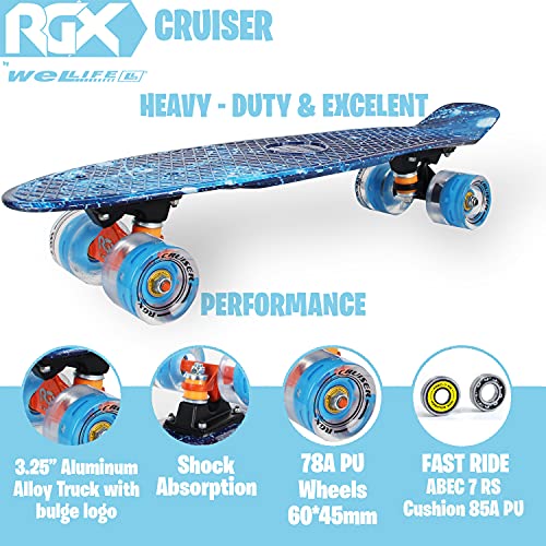 WeLLIFE Monopatín Mini Cruiser RGX de 56 cm para niños y adultos, ruedas luminosas PU 78A con luces flash LED Rodamientos ABEC-7RS… (Sky)
