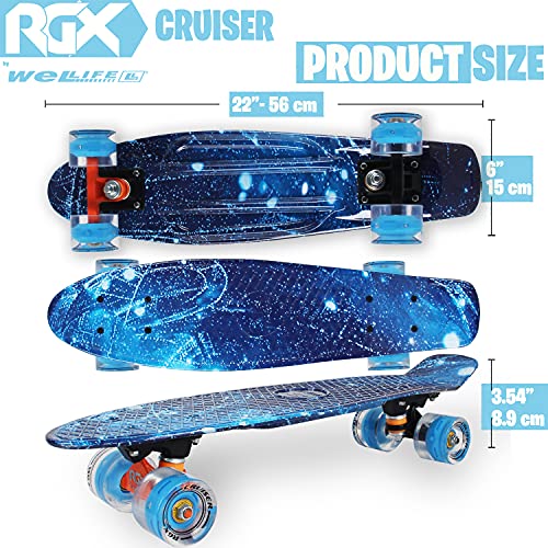 WeLLIFE Monopatín Mini Cruiser RGX de 56 cm para niños y adultos, ruedas luminosas PU 78A con luces flash LED Rodamientos ABEC-7RS… (Sky)