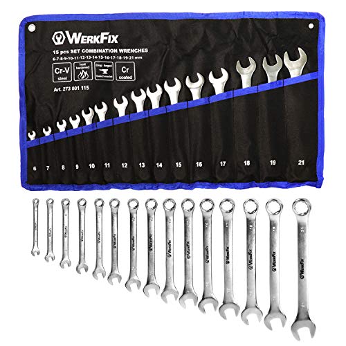 WerkFix - Juego de llaves combinadas - 15 piezas + bolsa - acero al cromo-vanadio - marcadas por láser - mate