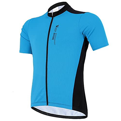 West Biking Maillot de ciclismo para hombre de manga corta, camiseta de ciclismo con 3 bolsillos traseros, transpirable, de verano, de secado rápido, para bicicleta de montaña y de carreras A-azul. M