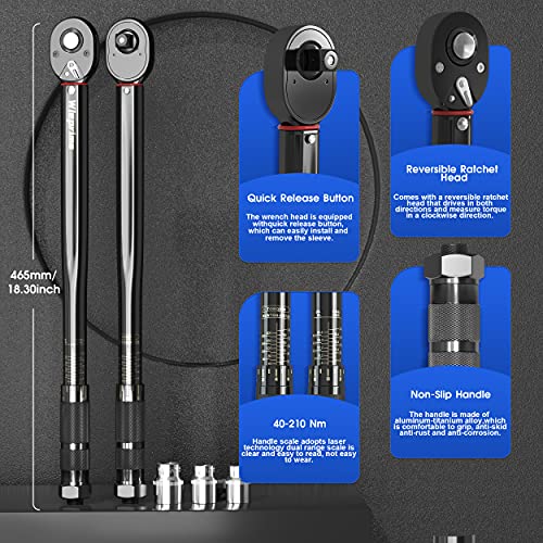 Wieprima 1/2" Llave Dinamométrica ,40-210NM,Alta Precisión de ±4% con extensión(125mm),4 insertos de 17/19/21/24 mm en vanadio cromado,Adaptadores de 1/2" a 3/8" para coche, moto