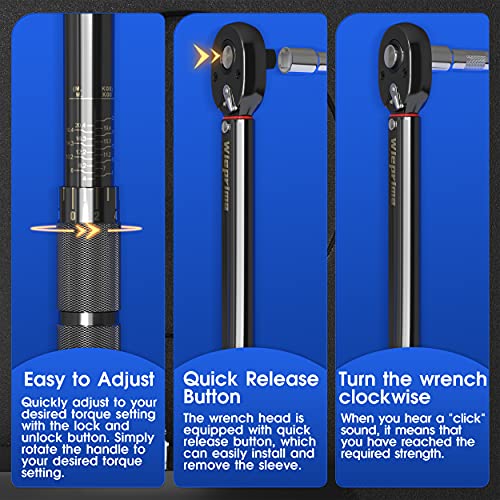Wieprima 1/2" Llave Dinamométrica ,40-210NM,Alta Precisión de ±4% con extensión(125mm),4 insertos de 17/19/21/24 mm en vanadio cromado,Adaptadores de 1/2" a 3/8" para coche, moto