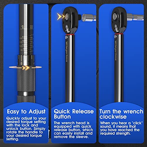 Wieprima 1/2" Llave Dinamométrica ,40-210NM,Alta Precisión de ±4% con extensión(125mm),4 insertos de 17/19/21/24 mm en vanadio cromado,Adaptadores de 1/2" a 3/8" para coche, moto